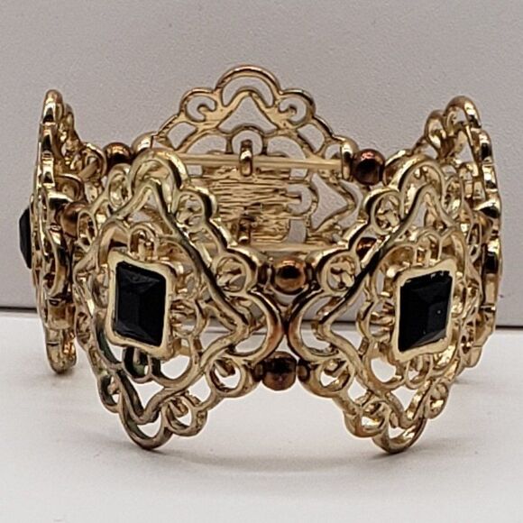 Vintage Costume Tigers Eye Tear Drop Necklace Earring Set & Black Gold Bracelet - Picture 7 of 13